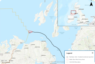 Map view of the north Irish and UK coasts, with detail of Northern Ireland with the offshore site marked along wiith territorial sea limit boundaries and Union og World Boundaries and EEZ's.